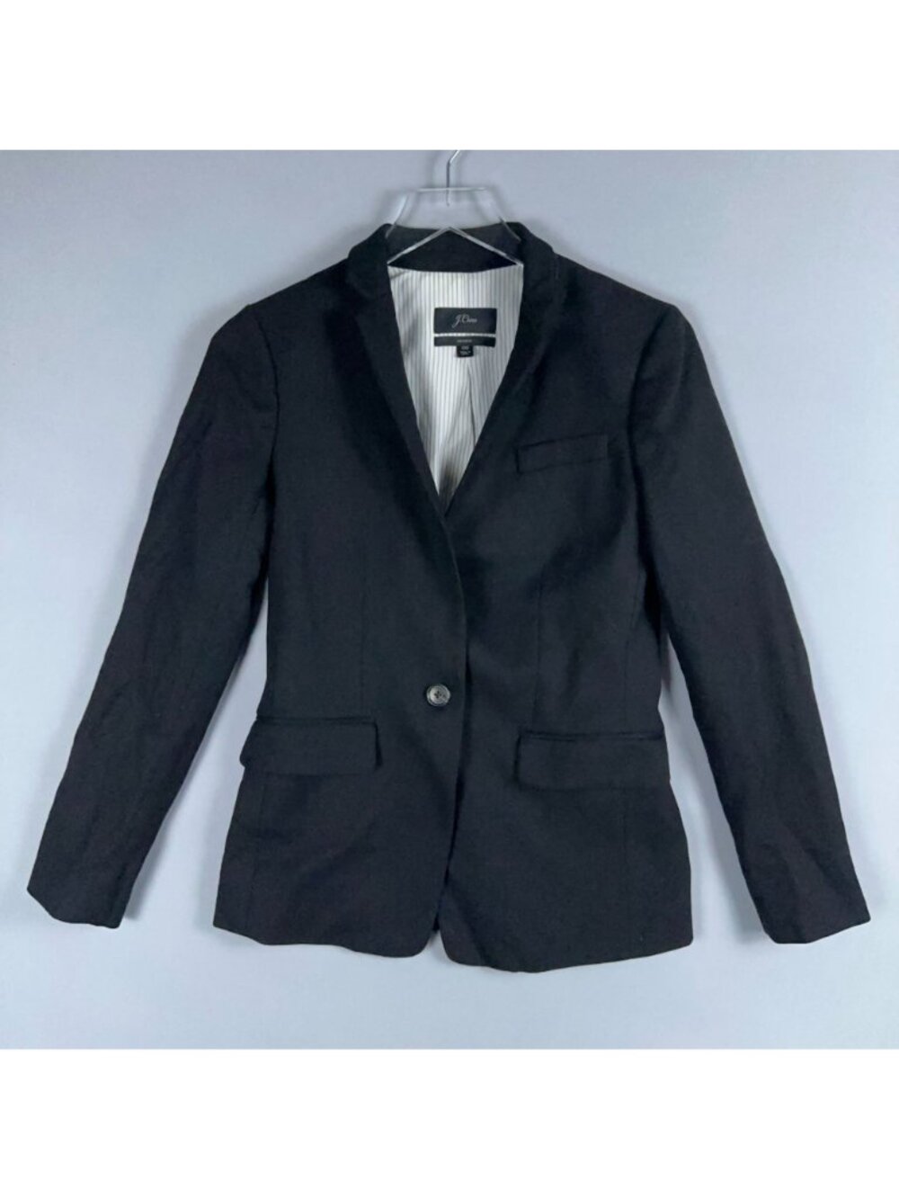 J.Crew Regent Blazer Jacket Size 00 Black Wool Blend Striped Interior Lining - Picture 2 of 12